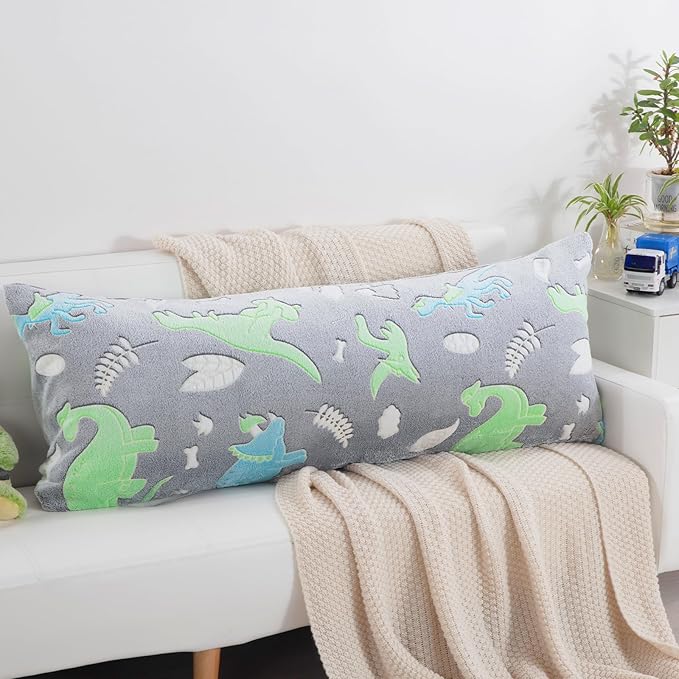 HOMBYS Glow in The Dark Body Pillow Cover, Soft Velvet Fluffy Bed Pillow Case, Fuzzy Long Pillowcase for Kids Boys Childern, Plush Decorative Throw Pillow Cover, 21x54 Inches, Green Grey