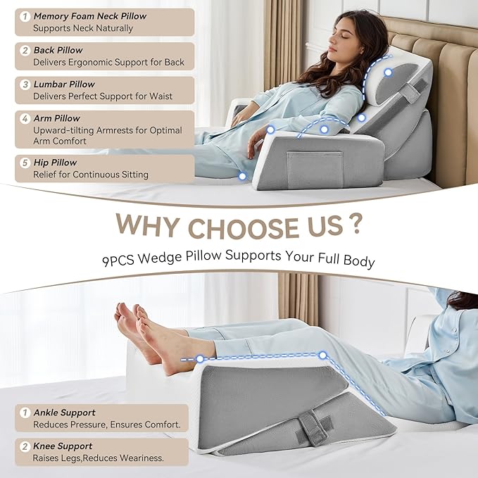 Yojoker 9PCS Orthopedic Bed Wedge Pillow Set for Sleeping, Back and Leg Pain Relief, Post Surgery Foam Pillow for Body, Triangle Adjustable Support Pillow - Acid Reflux Sleeping Pillows
