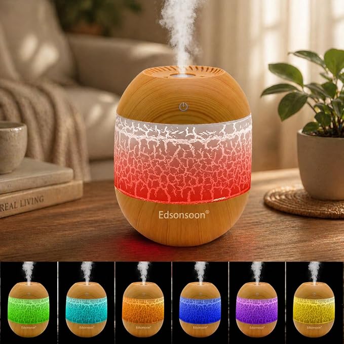 Volcano Flame Essential Oil Diffuser, Ultrasonic Aroma Diffuser with Multi Color LED Light, Wood Grain USB Cool Mist Humidifier, Silent Aromatherapy for Home & Office Gift