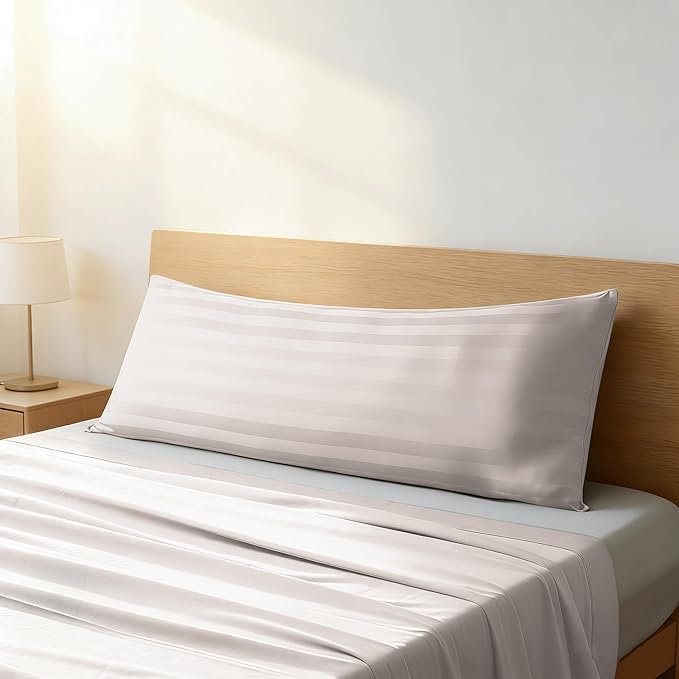 Body Pillow Cover Long Pillow Case,100% Egyptian Cotton Bed Pillow Protector with Zipper,400 Thread Count Cooling Full Body Pillowcase for Adults 20x54 Inches (1 Pack,Stripe Light Beige)