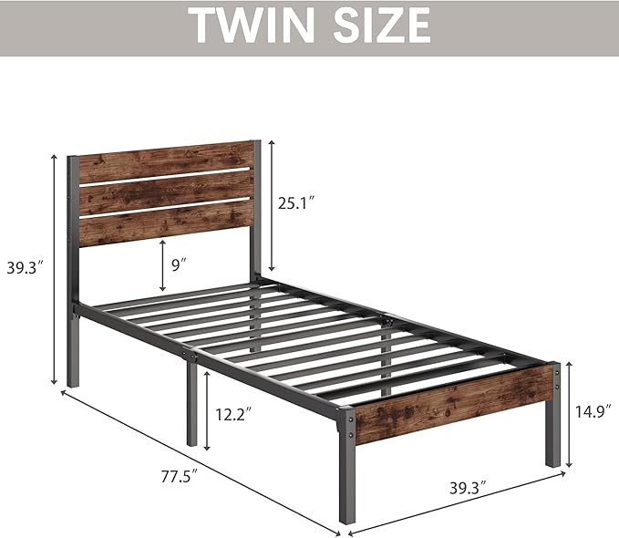 Fluest Twin Bed Frame with Headboard and Footboard, Metal Twin Bed Frame with Under Bed Storage, All-Metal Support System, No Box Spring Needed, Easy Assembly,Rustic Brown