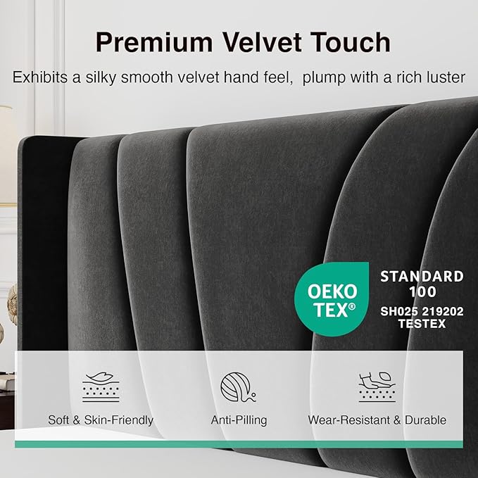 Novilla King Bed Frame, King Bed Frame and Headboard, Velvet Upholstered Wing Side Headboard, No Box Spring Needed, Heavy Duty Feet, Easy Assembly, Black Velvet