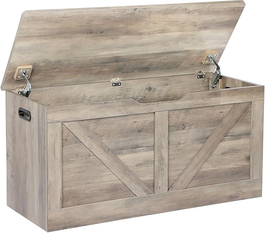 Timberer 39.4" Storage Chest, Wooden Storage Bench, Large Storage Trunk with 2 Safety Hinges, Entryway Shoes Bench for Living Room, Bedroom, Grey