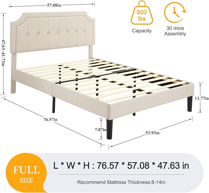 VECELO Full Size Platform Bed Frame with Fabric Upholstered Headboard and Wooden Slats Support, No Box Spring Needed/Easy Assembly,Light Beige