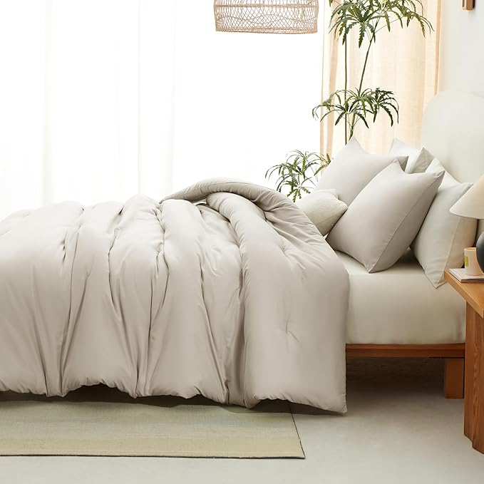 CozyLux Beige King Size Comforter Set, 3 Pieces Solid Breathable Quilted Style Bedding Sets, Luxury Fluffy Soft Bed Set with Down Alternative Comforter for All Season (1 Comforter & 2 Pillowcases)