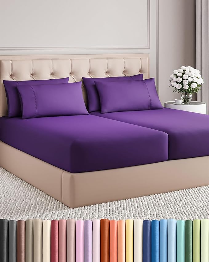 Split King 7 Piece Sheet Set - Comfy, Breathable & Cooling - Soft Hotel Luxury Bedding for Women, Men, Kids, Teens and Children - 1 Flat & 2 Fitted Sheets & 4 Pillowcases with Deep Pockets - Purple