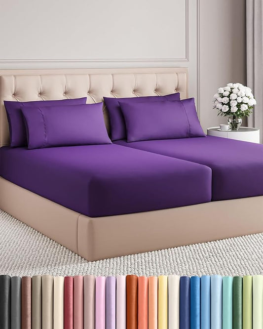 Split King 7 Piece Sheet Set - Comfy, Breathable & Cooling - Soft Hotel Luxury Bedding for Women, Men, Kids, Teens and Children - 1 Flat & 2 Fitted Sheets & 4 Pillowcases with Deep Pockets - Purple