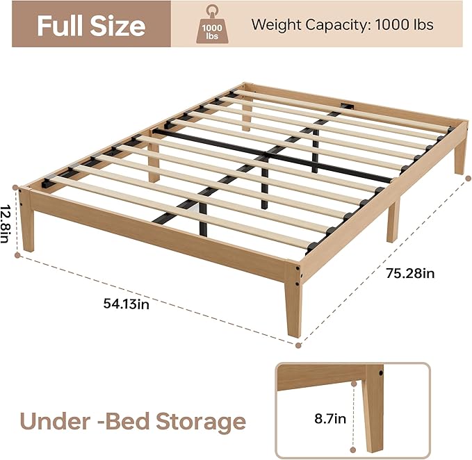 Tyndall Full Size Bed Frame, 12 Inch Solid Wood Platform Bed with Wooden Slats, Natural Finish Wood Bed Frame with Underbed Space for Storage, Easy Assembly, No Box Spring Needed