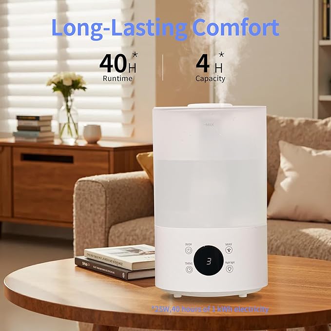 Top Fill Humidifiers for Bedroom, 4.0L Tank Cool Mist Humidifiers for Large Room, 40H Runtime, Plants with 9H Timer, Auto Shut-Off,Quiet Ultrasonic Humidifier with 360° Nozzle for Baby Nursery