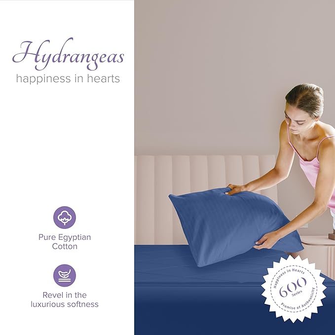Carressa Linen 100% Egyptian Cotton King Size Pillow Cases Set of 2 - Luxury 600 Series Hydrangeas Collection King Pillowcases (Deep Blue), Soft Cooling, Sateen Weave Hotel Quality Bed Pillow Cover