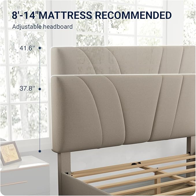 Avenco Full Bed Frame, Upholstered Platform Bed Frame with Adjustable Headboard, Wood Slat Support, Easy Assembly, No Box Spring Needed, Beige