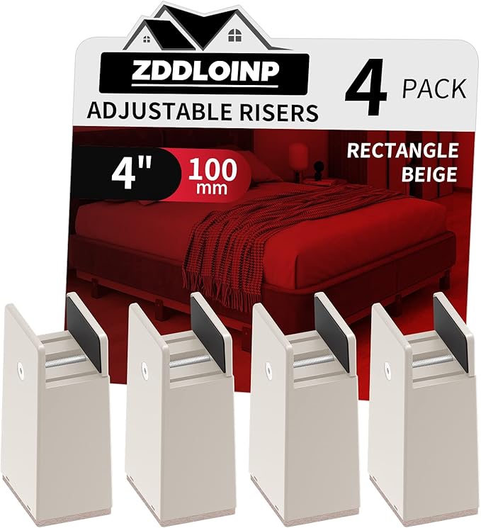 Bed Risers with Adjustable Screw Clamp, Fits Thickness of Furniture Frame from 0 to 1.5 Inch, Elevation in Heights 4" Heavy Duty Risers for Table Cabinet Dresser Support up to 5000lbs (4Pack, Beige)