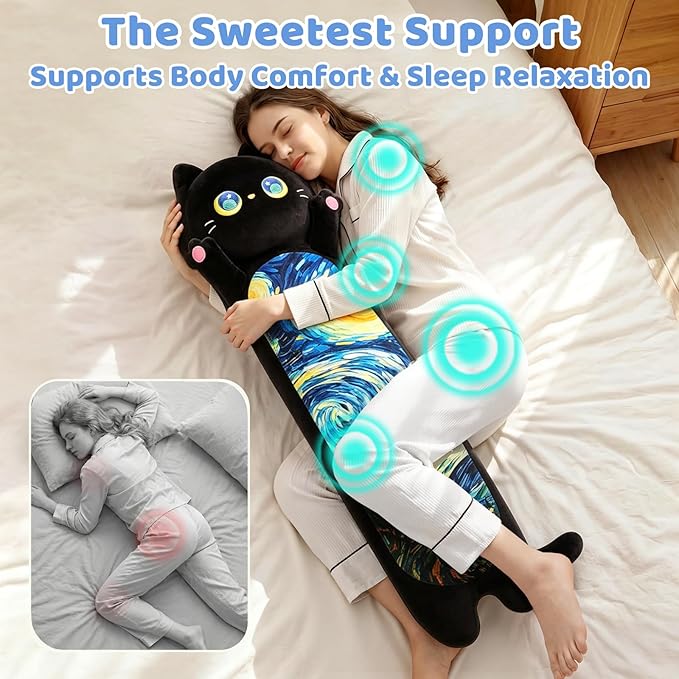 Mewaii Long Cat Plush 5 Sizes, 120% Extra Filling Giant Plushness Kids Body Pillow, Kawaii Cute Black Starry Cat Stuffed Animals Plushies, Big Long Body Pillow Cat Plush Gift for Girls 44”