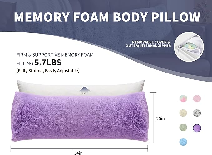 Fluffy Silk Full Body Pillow for Adults 20x54 Satin Body Pillow Cover Pillowcase with Memory Foam for bed Purple Pregnancy Cuddle Snuggles Body Pillows for Sleeping Side Sleeper Pillows for Adults