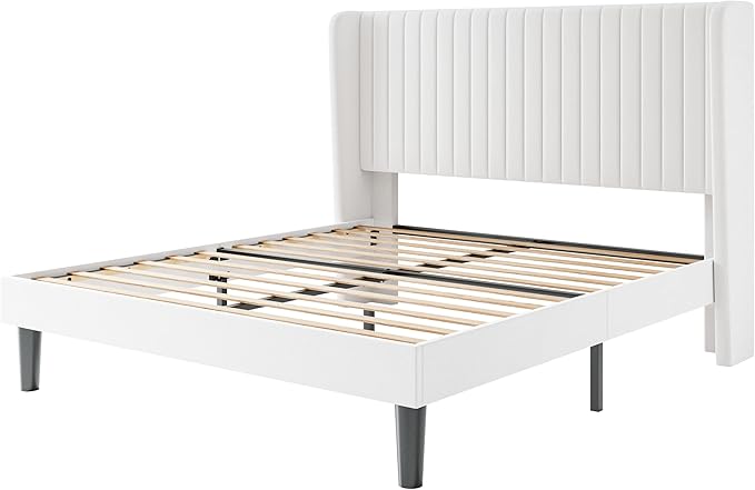 SHA CERLIN Queen Size Velvet Bed Frame with Vertical Channel Tufted Wingback Headboard, Upholstered Platform Bed with Wood Slats, No Box Spring Needed, Easy Assembly, White