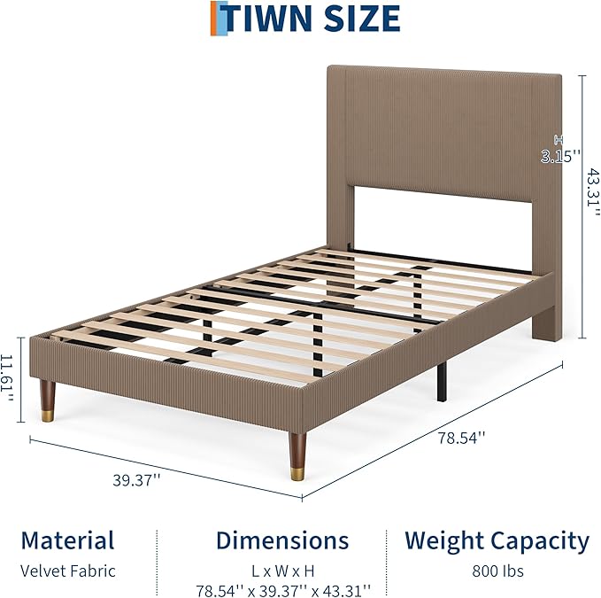 GarveeHome Twin Size Bed Frame with Upholstered Headboard and Strong Wooden Slats Support, Soft Corduroy Fabric Platform Bed, No Boxing Spring Needed, Easy Assembly, Brown