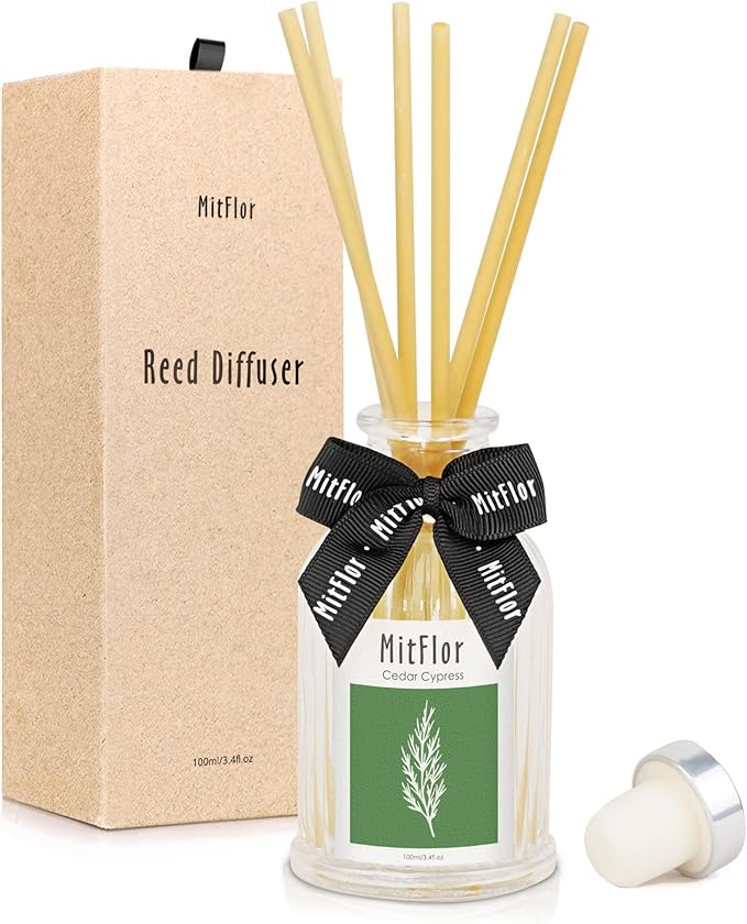 Room Diffuser, MitFlor Cedar Cypress Reed Diffuser Set with Natural Rattan Sticks, Refreshing & Clean Scents for Home Fragrance and Décor, for Living Room, Bedroom, Bathroom, and More-3.4 fl oz