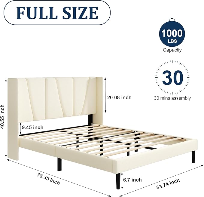 Sismplly Full Bed Frame with Headboard, Velvet Upholstered Full Size Platform Bed with Wingback, Mattress Foundation with Wooden Slat Support, No Box Spring Needed, Easy Assembly, Noise Free, Beige