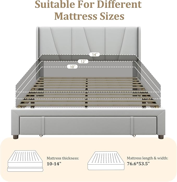 Full Bed Frame with Storage Drawers, Velvet Upholstered Platform Bed with 47" Tall Headboard and Wingboard, No Box Spring Needed, Noise Free, Easy Assembly, Wooden Support Slats, Light Grey
