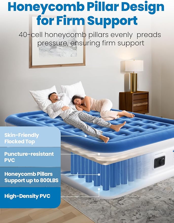 CHERIMOR Queen Air Mattress with Built-in Pump, 18" Raised Comfort, 48Hr Leak-Proof Test, Upgraded Honeycomb Pillar Design, Supports 800 lbs, 3-Min Inflation-Inflatable Bed for Home Guests-Blue