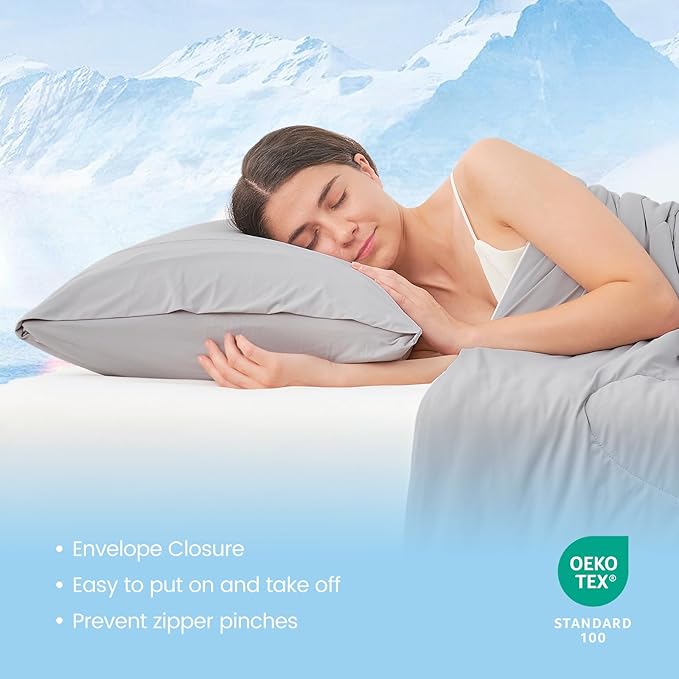 Cozy Bliss Cooling Pillow Cases for Hot Sleepers, Q-Max>0.45, Queen Size Set of 2, Soft & Silky Pillow Covers with Envelope Closure,Gift, Light Gray, 20x30 Inches