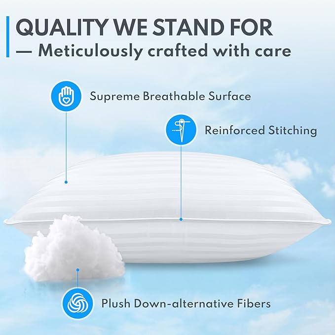 King Size Bed Pillows - Breathable Down Alternative Hotel Quality Pillows Set of 2 for Side, Back, and Stomach Sleepers Fluffy Cooling Soft Microfiber Fill Premium Skin-Friendly