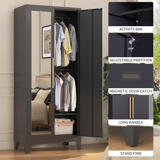 72" Tall Metal Armoire Wardrobe Closet - Large Clothing Storage Cabinet with Mirror Doors, 2 Hanging Rod & Adjustable Shelve - Closet Organizer for Bedroom, Office, Laundry Room, Garage - Black