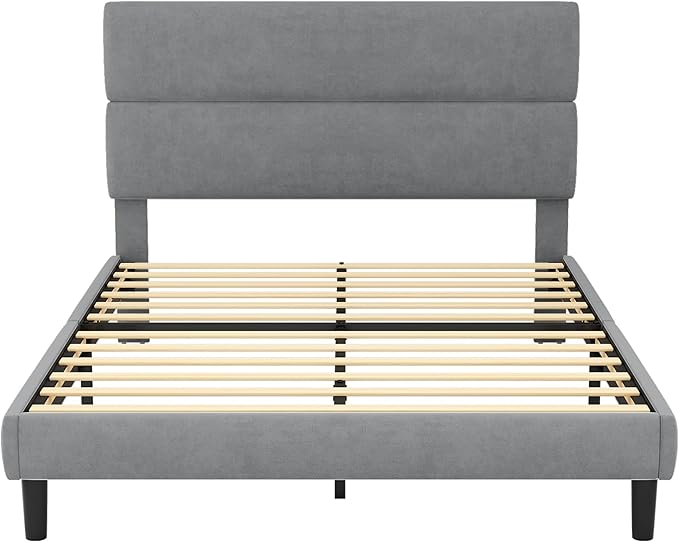 GRUSIGN Queen Size Platform Bed Frame with Velvet Headboard, Adjustable Height Wooden Slats Support, Upholstered Mattress Foundation, Fits Mattress or Mattress with Box Spring, Easy Assembly, Grey