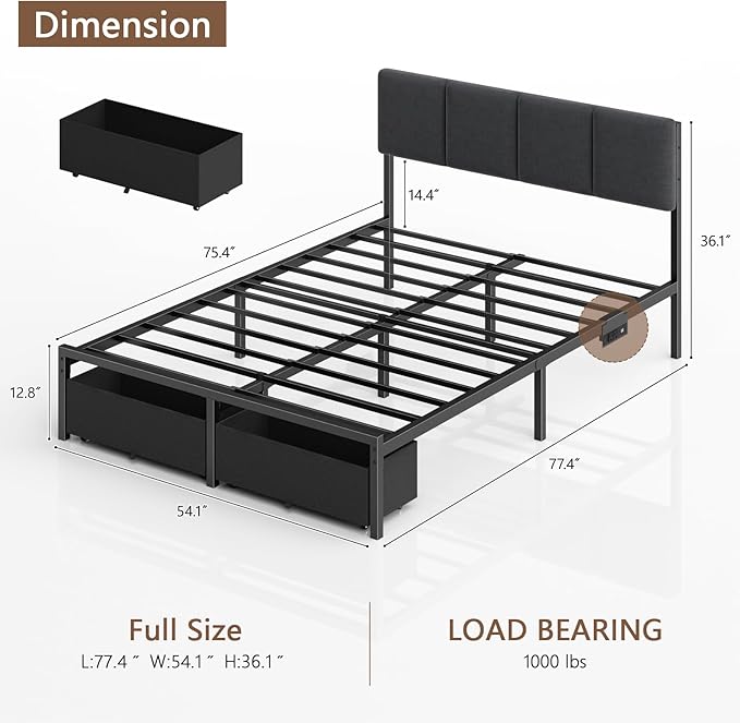 Furnulem Full Size Bed Frame with Headboard, Upholstered Full Bed Frame with LED Light, USB Charging Station, Platform Bedframe with 2 Fabric Underbed Storage Drawers, No Spring Box Needed