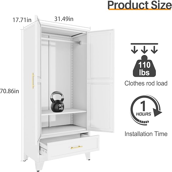 Metal Armoire Wardrobe Closet with Hanging Rod, Clothing Storage Cabinet with Adjustable Shelf and Drawer for Laundry Room, Bedroom, Home Office, Bathroom, 71" White Large Capacit