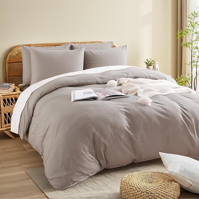 NEXHOME PRO Duvet Cover Set Queen Size Linen Look Textured Organic Natural 100% Washed Cotton Duvet Cover Linen Grey 3 Pieces Bedding Set with Zipper Closure, Breathable, Soft (No Comforter)
