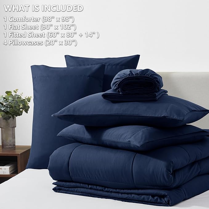 CozyLux Oversized Queen Comforter Sets Navy Blue, 7 Pieces Bed in a Bag, Ultra-Soft All Season Bedding Sets with Stitch Quilted Comforter, Flat Sheet, Fitted Sheet, Pillowcases