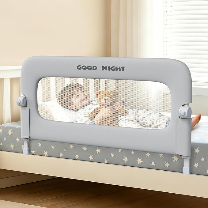 Bed Guard Rail for Toddlers - 47" Adjustable Heights & Folding up Portable Bed Railing for Baby - Toddler Bed Rails Guard for Crib, Twin, Bunk,Full Size, Queen & King Bed(Grey)