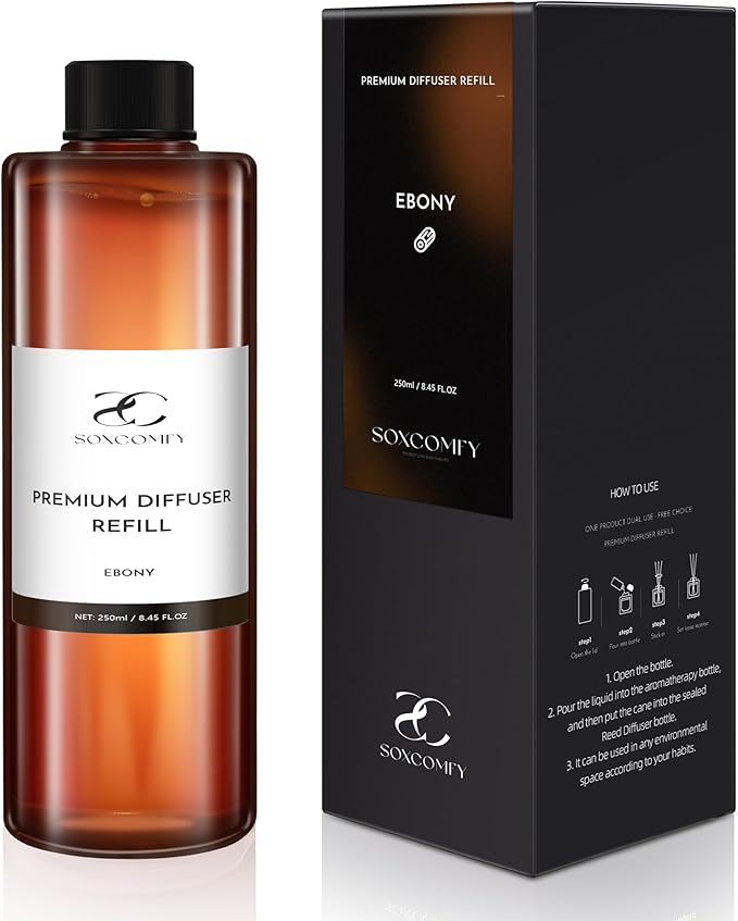 Diffuser Oil Refill, 250ml / 8.45 fl oz, Ebony - Reed & Aromatherapy Diffuser Oil, Long-Lasting Home Fragrance, Eucalyptus, Agarwood & Sandalwood Notes