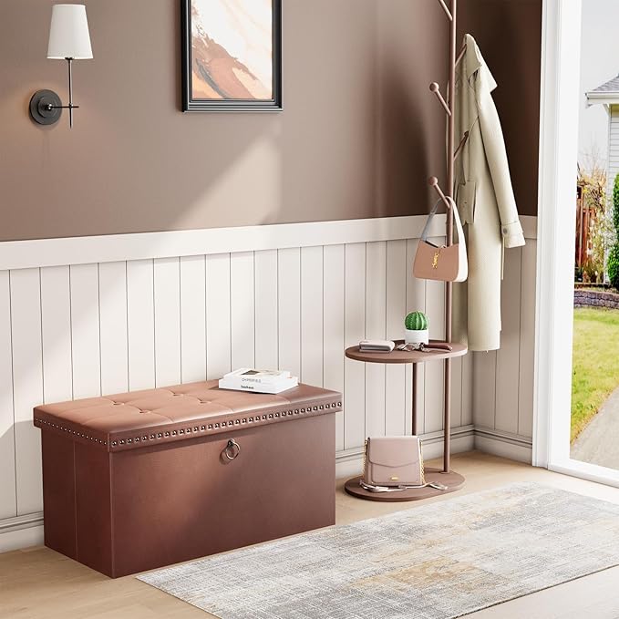 Storage Ottoman, Ottoman Faux Leather Bench, Rectangular Storage Ottoman for Bedroom End of Bed,Combination of Button Suede Rivet Design Ottoman with Storage 32.28" L x 15.75" W x 15.75" H