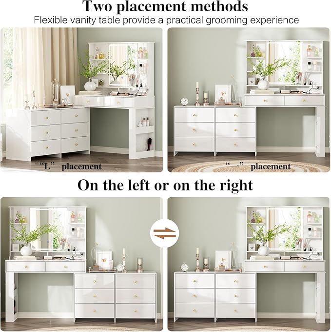 Ieejdn Makeup Vanity Desk with Mirror and Lights, Vanity Desk with 8 Drawers & Storage Shelves, Vanity Table with Power Outlet, 3 Color Modes & Adjustable Brightness Dressing Table, Bedroom,White