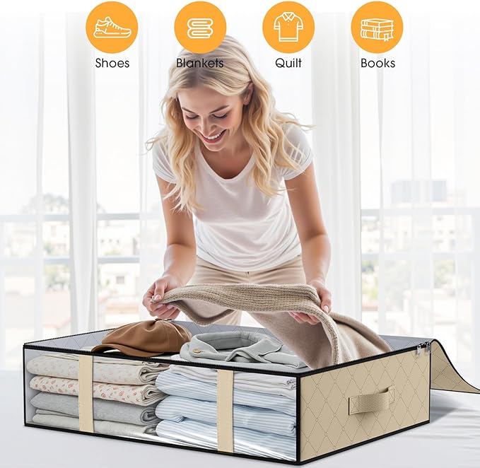StorageRight Under Bed Storage Bags 8 Pack, 40L Large Clothes & Comforter Storage Containers with Clear Window, Breathable Fabric Organizer for Blankets, Bedding, Seasonal Clothing, Beige