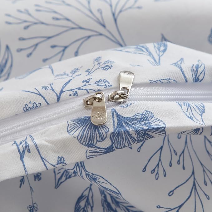 mixinni Small Floral Print Duvet Cover Queen Blue Flower Leaf Duvet Cover Set Soft Cotton White Bedding Comforter Cover Zipper Closure 4 Corner Ties for Him and Her-Queen Size