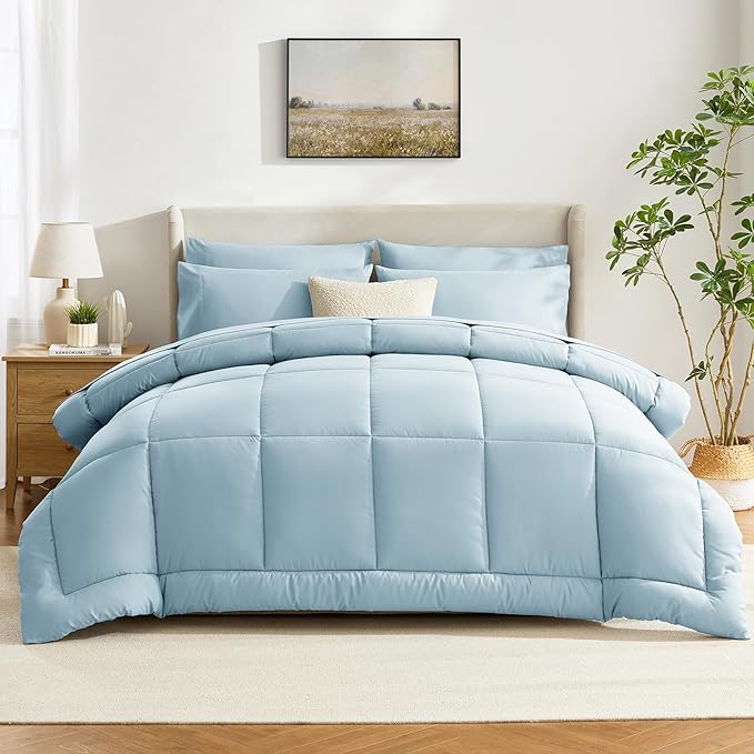 CozyLux Queen Comforter Set Light Blue, 7 Pieces Bed in a Bag, Blue Comforters Queen Size, All Season Bedding Sets with Stitch Quilted Comforter, Flat Sheet, Fitted Sheet, Pillowcases