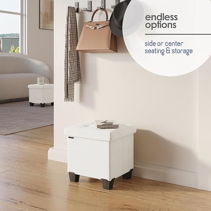Storage Ottoman Cube with Small Bin, 15-in Square Ottoman with Storage for Living Room and Bedroom, Small Ottomans Foot Rest, Velvet Foot Stools Ottomans Max 330lbs, Cream