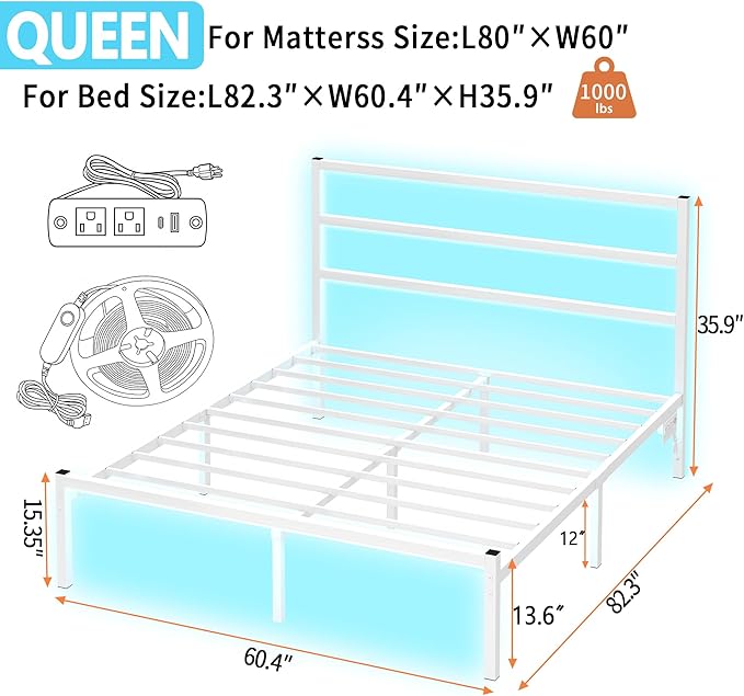 CLIBFENG Queen Bed Frame with Headboard,Heavy Duty Steel Slats Support-LED Bed Frame with USB Charging Station,Mattress Foundation-Under Bed Storage,No Box Spring Needed,Noise Free,White