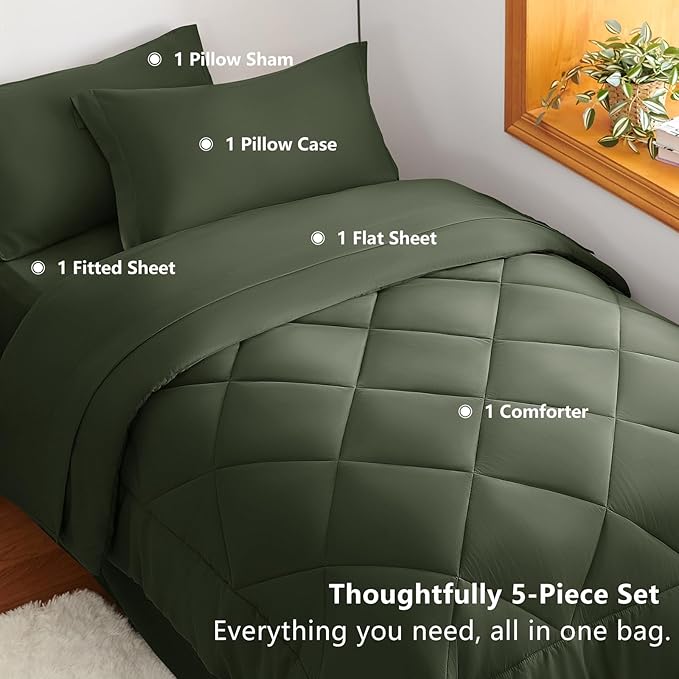 CozyLux Twin XL Comforter Set Dark Green - 5 Pieces Twin Extra Long Bed in a Bag for College Dorm, All Season Bedding Set for Girls and Boys, Soft Bed Set with Comforter, Sheets, Pillowcase & Sham