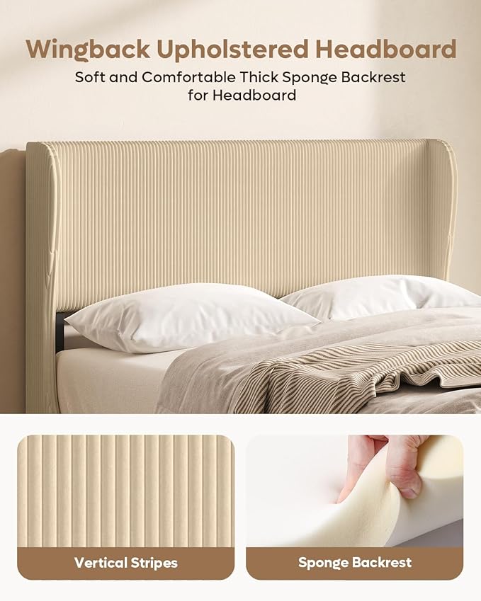 Bestier Full Bed Frame with Wingback Headboard,Upholstered Platform Full Size Bed with Strong Wooden Slats,No Box Spring Needed,Never Squeaks,Easy Assembly,Taupe
