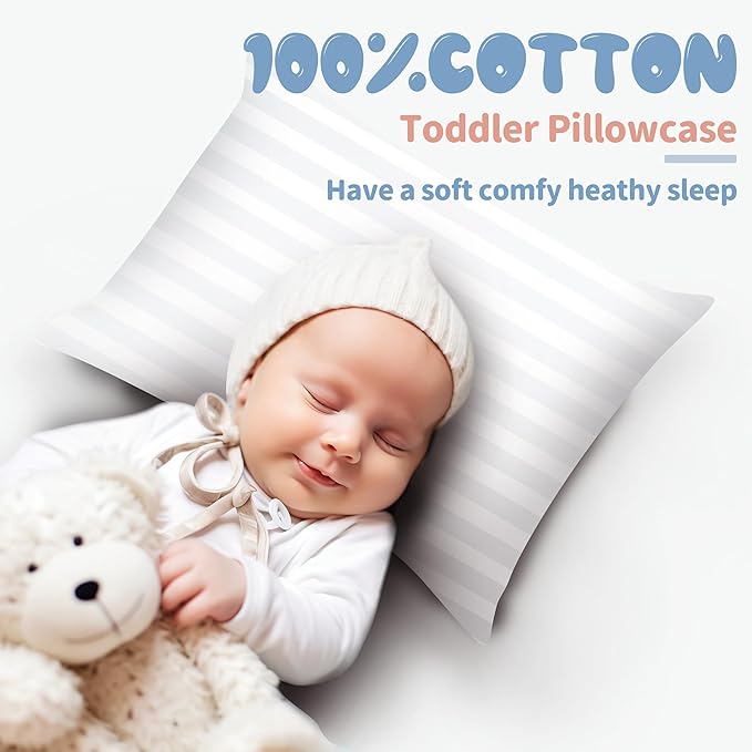 100% Egyptian Cotton Toddler Pillowcases Set of 2, 400 Thread Count Sateen Weave Small Pillow Protectors, Super Soft Breathable Zippered Pillow Covers 13x18 Inches (Stirpe White, Toddler)