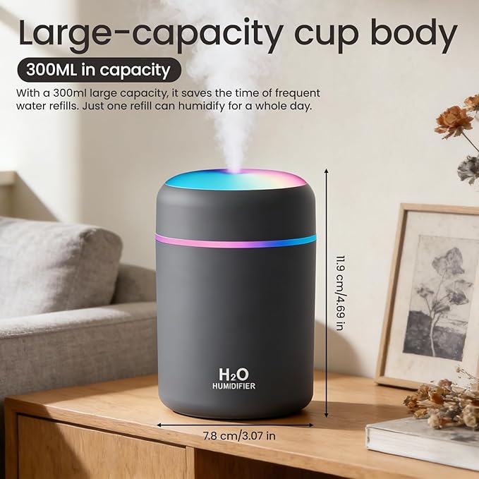 Portable Colorful Cool Mini Humidifier,Aroma Essential USB Personal Desktop Humidifier,. Perfect for Bedroom, Office & Car(300ml, White) (grey)