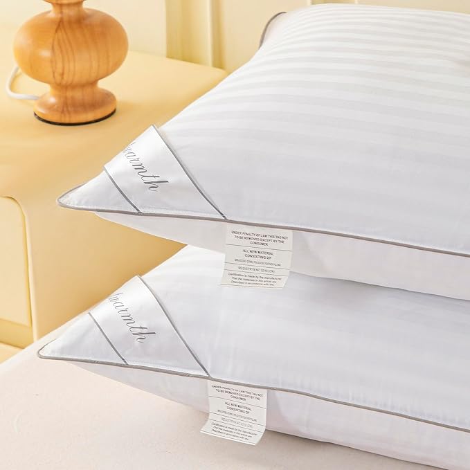 Goose Feather Down Pillow, 100% Cotton Cover Bed Pillow Set of 2 Stripe White Queen (Pack of 2)