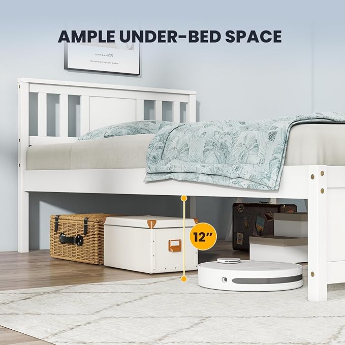 Giantex Wood Twin Bed Frames with Headboard, Mid Century Solid Wood Platform Bed with Wood Slat Support, Single Panel Bed, No Box Spring Needed, Twin Bed Frames for Kids, White
