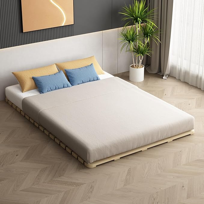 Floor Bed Frame King Size, Breathable Wooden Bed Plate, Wood Roll-Type Slatted Bed Japanese Futon Mattress, Floor Sleep Bedding (King)