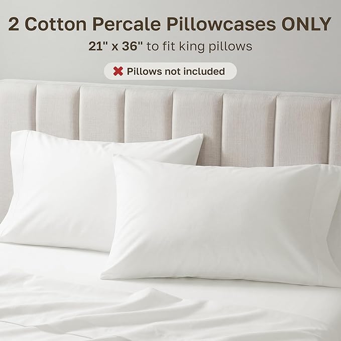 California Design Den Percale Pillow Cases King Size Set of 2-100% Egyptian Cotton, Crisp Percale Feel, Breathable & Soft Pillow Case Set - Ivory