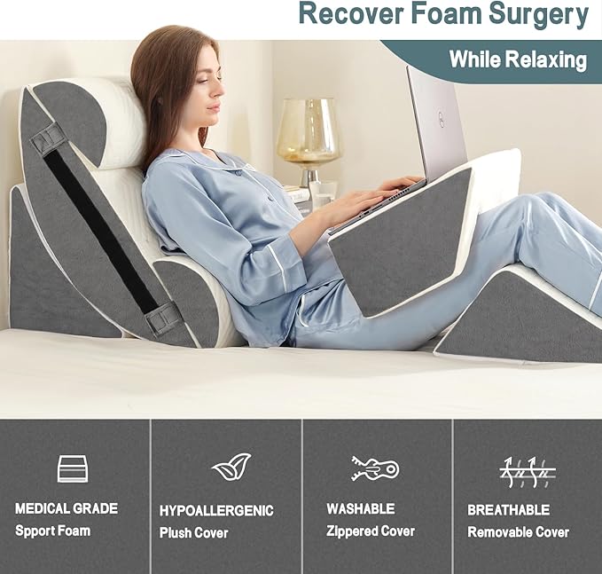 Yojoker 6pcs Orthopedic Bed Wedge Pillow Set for Post Surgery, Memory Foam for Sleeping, Back and Leg Pain Relief Comfortable & Adjustable Support Pillows-Anti Snoring, Heartburn